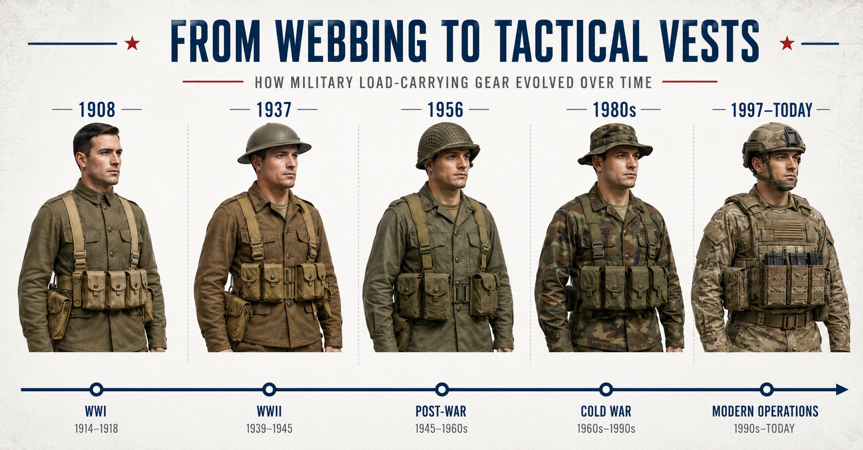 ChatGPT Image Aug 13, 2026, 01_09_18 PM Timeline infographic showing the evolution of military load-carrying equipment from 1908 webbing through WWII and post-war chest rigs to modern MOLLE tactical vests.