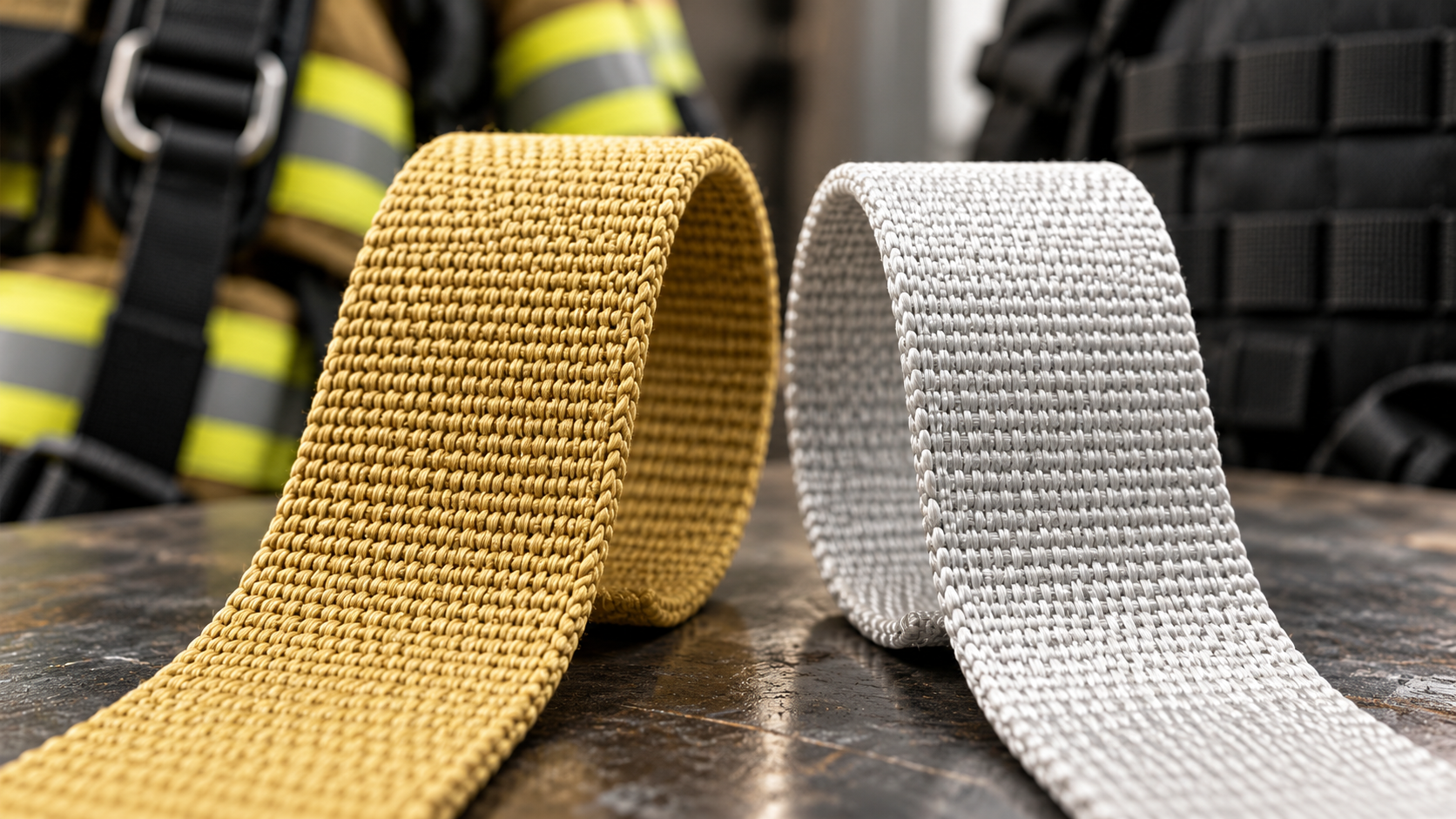 Aramid and UHMWPE Technical Webbing Comparison Aramid and UHMWPE technical webbing shown side by side for material comparison